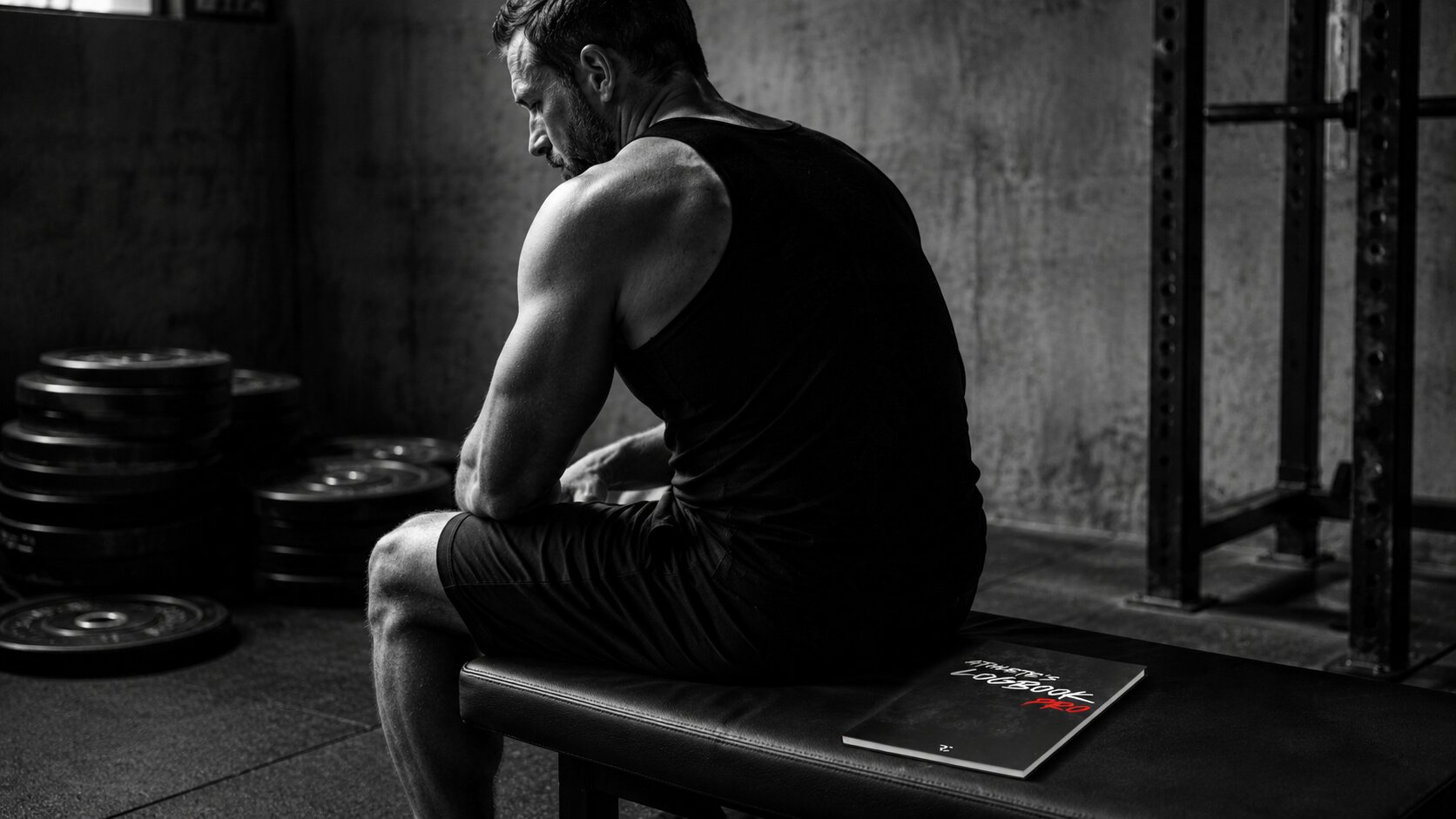 Atleta in palestra con il diario sulla panca tra una serie e l'altra